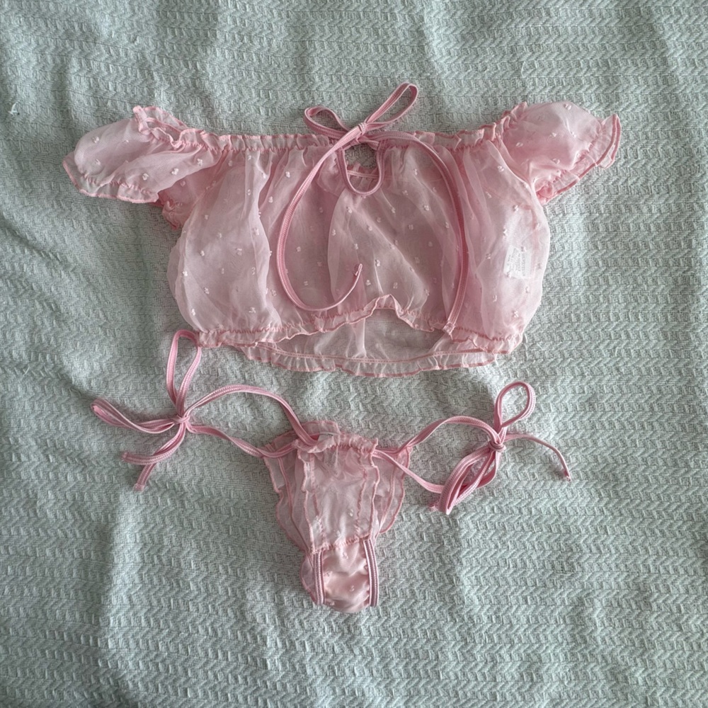 Pink Sheer Polka Dot Lace Lingerie Set